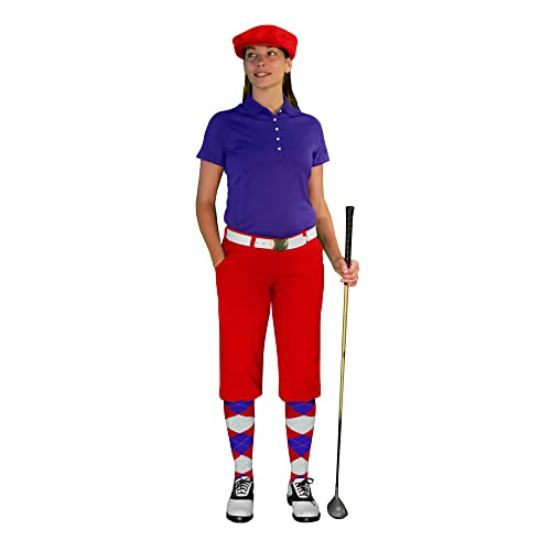 Golf Knickers Ladies Select A Style Outfit - Matching Golf Cap - Red - Waist 6 - Sock - Red/Taupe/White