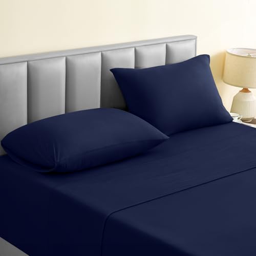 BYSURE Jersey Knit Twin Sheets Set 4 Pieces, Stretch Super Soft and Wrinkle-Free Bed Sheets, Spandex Blend with 14-inch Deep Pocket, Navy Blue