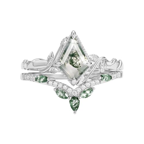 925 Sterling Silver 1.5 CT Leaf Kite Cut Moss Agate Ring for Women Dainty Moss Agate Bridal Set Rings Engagement Wedding Promise Ring Jewelry Gift for Wife Friends