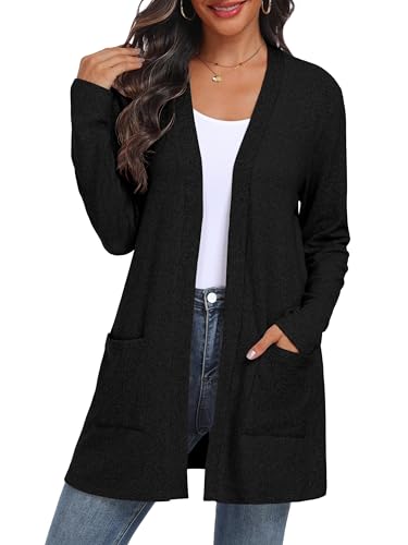 QIXING Damen Strickjacke Offen | Leichter Langarm Elegant Cardigan mit Taschen für Herbst & Winter | Bequem, atmungsaktiv und warm (Schwarz, M)
