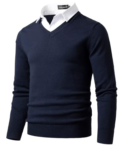 Harbrosrce Pull en Maille Fine Homme V Neck Chandail Classique avec Col de Chemise Automne Hiver Tricot Basique Pullover Uni Sweaters