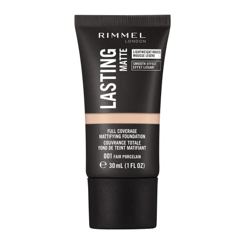 Rimmel Base de maquillaje mate de cobertura completa, ligera, 30 ml, 001 Fair Porcelain