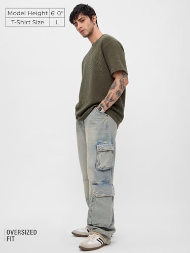 Image of The Souled Store Textured T-Shirt: Men and Boys Short Sleeves Round Neck Solid Cotton Blend Oversized T-Shirts
