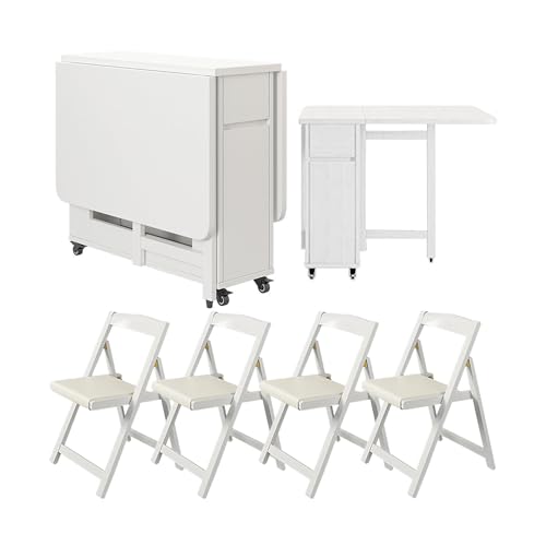 Juego de mesa de comedor plegable extensible con 4 sillas, diseño impermeable y portátil, mesa plegable de madera maciza para cocina