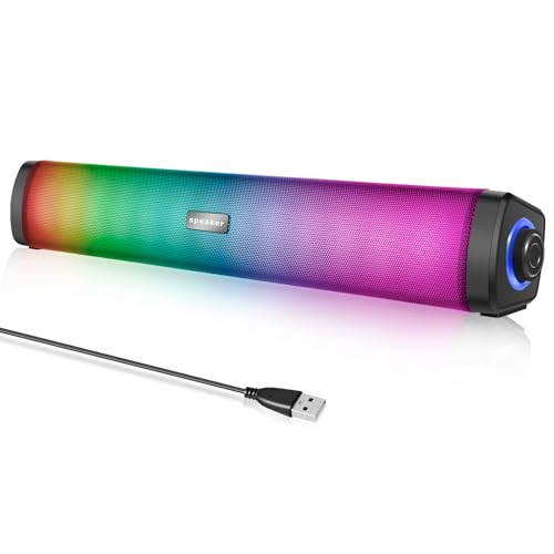 Skibiles Altavoces para PC con luz RGB, Alimentación USB, Conexión Bluetooth, Barra de Sonido Estéreo HiFi para PC, Tableta, Computadora Portátil, Teléfono Inteligente, Monitor, Negro (E-1411)