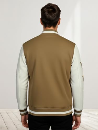 Image of CHKOKKO Men's Regular Varsity Jacket with Snap Button Closure and Patch Design Trendy Comfortable Outerwear for College Travel and Casual Wear