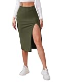 Verdusa Women's Elastic Waist Split Thigh Pencil Bodycon Midi Skirt Army Green M