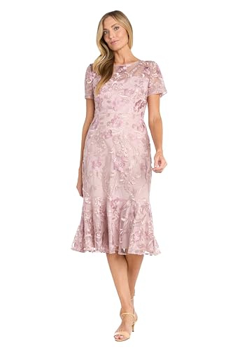 Image of Elegant Embroidered Mesh Midi-Length Dress W /Flounce Hem & Short Sleeves