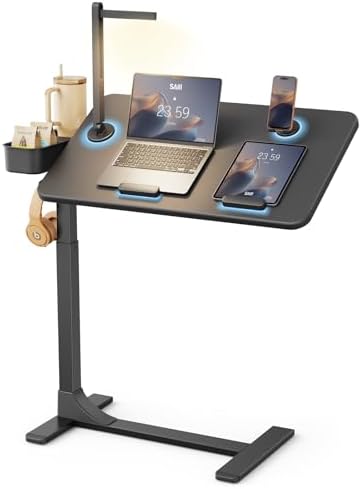 SAIJI Magnetic Overbed Bedside Table with Wheels, Height and 360° Angle Adjustable Over Bed Desk with Led Light, Portable Lengthened Rolling Laptop Standing Desk Mobile Bed Tables Hospital Home Use