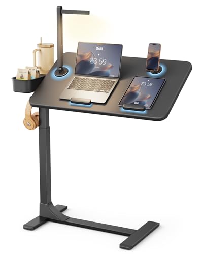 SAIJI Magnetic Overbed Bedside Table with Wheels Height and 360 Angle Adjustable Over Bed Desk with Led Light Portable Lengthened Rolling Laptop Standing Desk Mobile Bed Tables Hospital Home Use