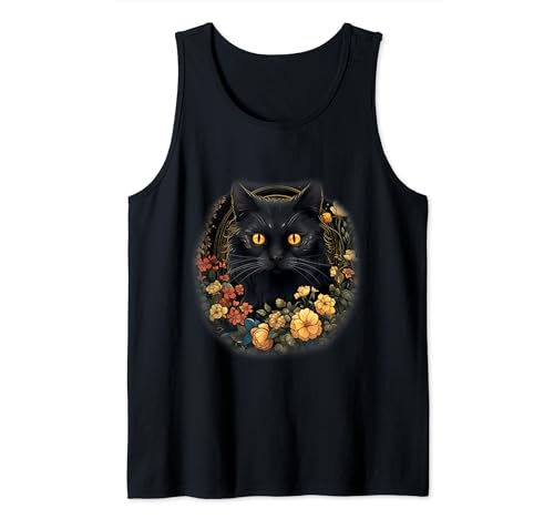 Dark Cottagecore Gato Negro Ojos Amarillos Estética Floral Camiseta sin Mangas