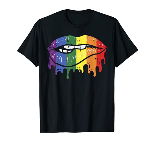 Lip Bite Gay Pride Rainbow Flag Drip Art LGBT Lesbian Gift Maglietta