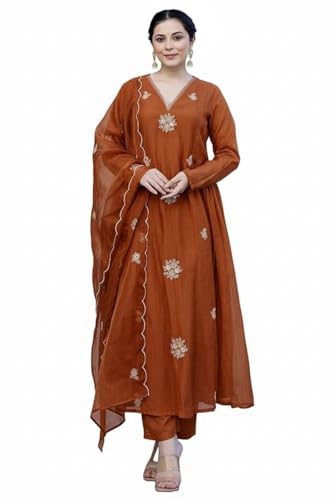 Image of Nermosa Women Embroidery Solid Anarkali Kurta and Pant Set with Dupatta