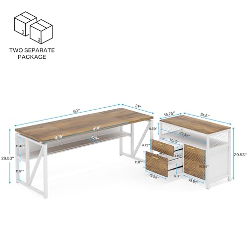 Image of Tribesigns L Shaped Desk with Drawer,63 inch Executive Computer Desk and lateral File Cabinet, 2 Piece Home Office Furniture for Hanging File, Cabinet with Doors
