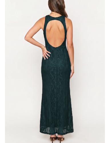 Image of Elegant Lace Floral V Neck Backless Bodycon Dresses for Women Sexy Cut Out Low Back Sleeveless Maxi Dress Wedding Guest