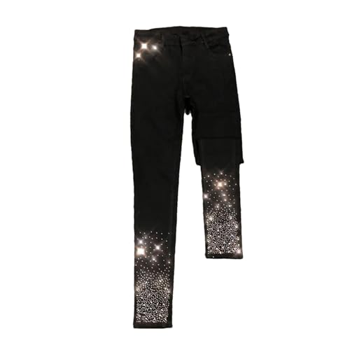 Women's Black Jeans High Waist Slim Rhinestone Pencil Pants Street Stretch Leggings
