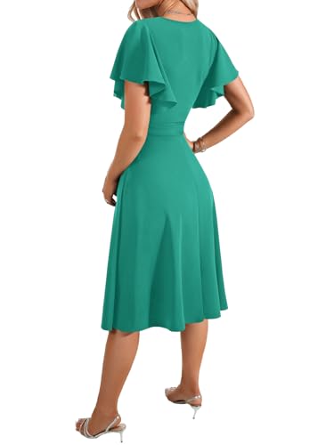 Image of LYANER Women's Warp V Neck Ruffle Short Sleeve A Line Swing Flared Cocktail Party Midi Dress