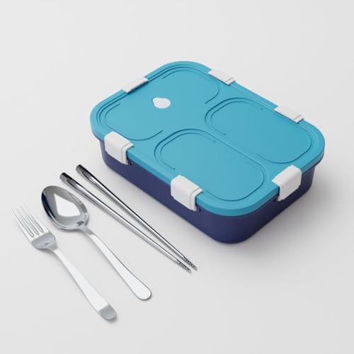 Image of Clazkit 3 Compartment Plastic Lunch Box | Food Container with Cutlery for Office & School Use - Yellow
