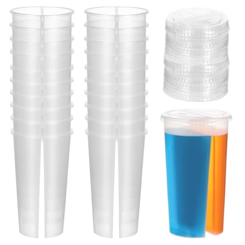 Homoyoyo Split Cups for Drinks 20PCS with Lids Disposable Plastic Cup Split Double Mug 2 Drinks in 1 Heart Shaped Glass for Tea Juice Smoothie Party & Couple Sharing Disposable Clear Mug (No Straws