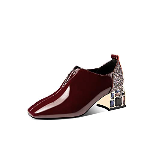 TinaCus Patent Leather Women's Handmade Classic Square Toe Mid Chunky Heel Slip On Glitter Loafer Pump Shoes with Rhinestone