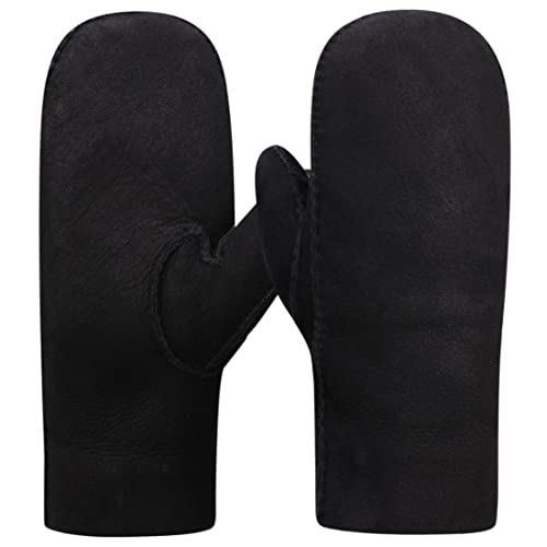 Harssidanzar Winter Fäustlinge Damen,Warme echte Wildleder Lammfell Shearling Fäustlinge Handschuhe KL026EU,Schwarz,Größe M