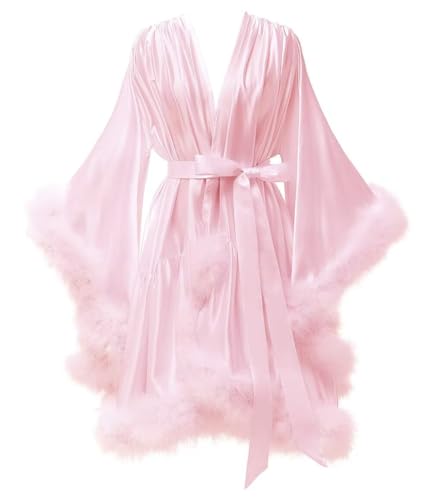 Tianzhihe Feather Robe Silk Satin Short Sexy Bridal Dressing Gown Sexy Bathrobe Sleepwear Nightgown