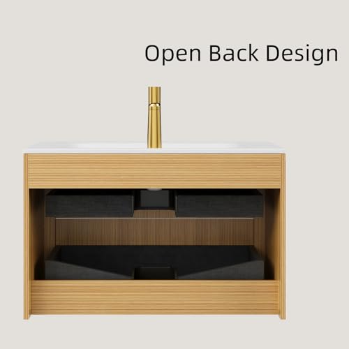Image of 30 inch Wall-Mounted Bathroom Vanity Cabinet with Sink, Light Oak