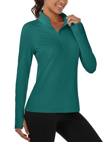 MAGCOMSEN Pullover Sweatshirts for Women 1/4 Zip Pullover Fleece Long Sleeve Shirts Thumb Holes Emeraldgreen,M