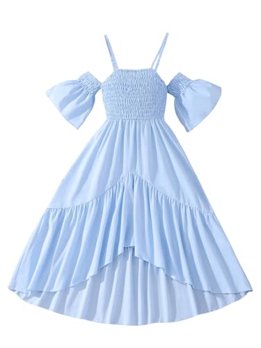 SweatyRocks Girl's Cold Shoulder Ruffle Dresses Asymmetrical Short Sleeve Smocked Vacation Dress