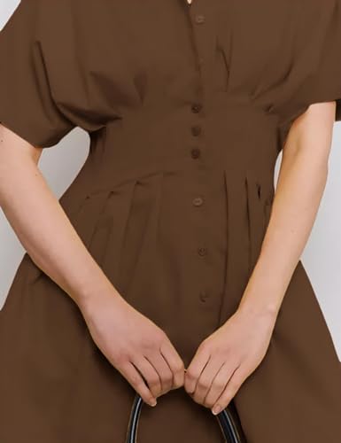 Image of Women Summer Short Sleeve Button Front Pleated Shirt Dress Striped Collar V Neck Casual Y2k Swing Short Mini Dress