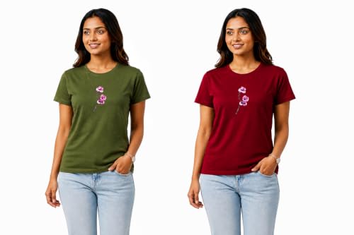 Image of Women's Slim Fit Graphic Printed T-Shirt | Soft 100% Cotton Fabric | Round Neck Half Sleeve Casual Top, Travel & College Pack of 2 Set