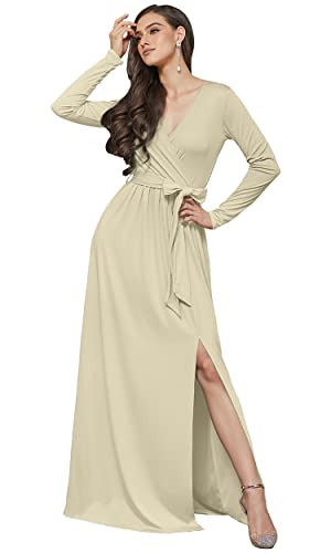 Image of KOH KOH Womens Long Sleeve V-Neck High Slit Cocktail Evening Gown Maxi Dress