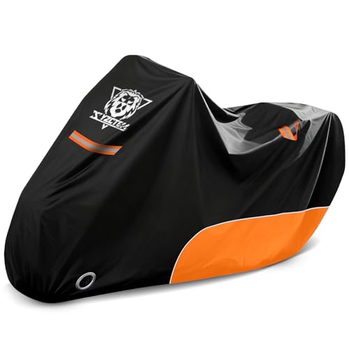 Image of XYZCTEM Motorcycle Cover All Season Waterproof Outdoor Protection | Fit up to 116 Inch Tour Bikes, Choppers and Cruisers - Protect Against Dust, Debris, Rain and Weather (Black and Orange)