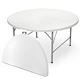 MoNiBloom 5Ft Round Folding Table, Indoor Outdoor Plastic Dining Card Table with Handle and Lock for Picnic Party Banquet Wedding, White Toptable Gray Legs