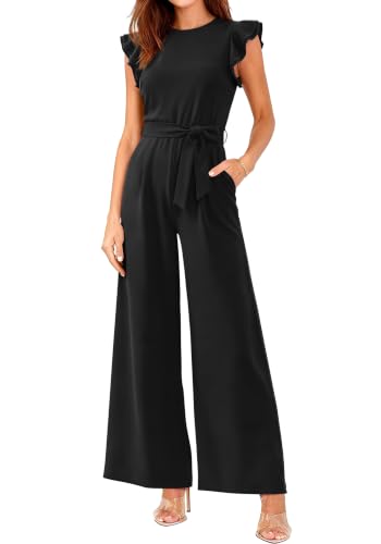 BTFBM Dressy Jumpsuits For Women Cap Sleeve Wide Leg Romper,Black,S | Crew Neck, Belted High Waist,Ruffle Design,Back Zip,Front Pleated,Business Casual Outfits,Spring Summer Jumpsuit With Pockets