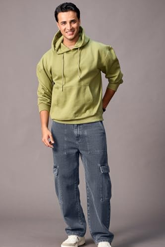 Image of Urbano Fashion Men's Loose Mid Rise Baggy Fit Cargo Jeans with 6 Pockets Non-Stretchable