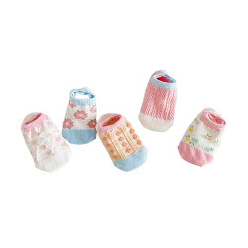 Girl Ankle Socks Cartoon Striped Letter Crew Breathable Spring Summer No Show Socks 5 Pairs