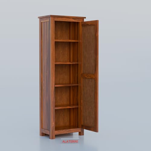 Image of Solid Sheesham Wood Wardrobe with Cane Panel Door | Single Door Wooden Storage Cabinet | Modern Tall Cupboard for Bedroom & Living Room (Honey Finish)