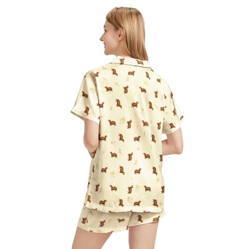Image of Funny Satin Pajamas Set for Women Button Down Sleepwear Print Pjs Set 2 Piece Short Sleeve Loungewear Gift for Women