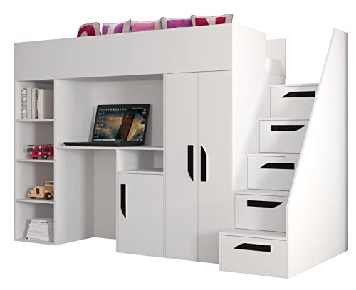 MEBLE KRYSPOL Party 14 Hochbett für Kinder, Jugendliche mit Stauraum - Etagenbett mit Schreibtisch, Kleiderschrank, Bücherregal und Trittleitern - 247x120x165 cm - Weiß, Weiß, Schwarz
