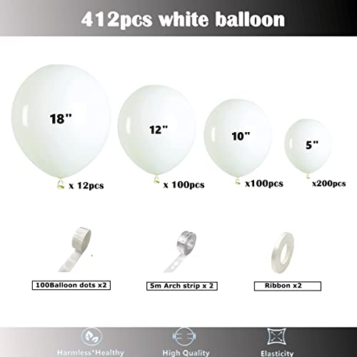 Image of 412pcs White Balloons 18 12 10 5 Inch White Balloon Garland Arch Kit Different Sizes Matte Latex Balloons for Baby Shower Birthday Wedding Party Decorations