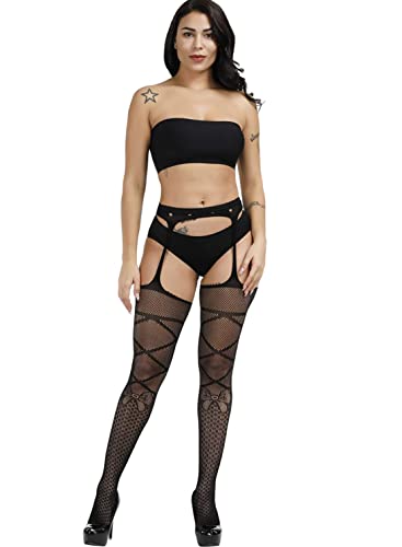 Image of Women's Floral Fishnet Stockings with Attached Garter Belt
