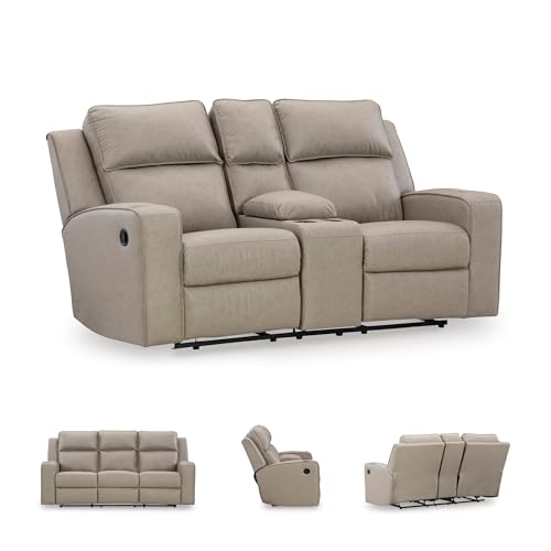 Image of Signature Design by Ashley Faux Leather Reclining Loveseat with Console | Wall hugger loveseat recliner, 4 cup holders, Heavyweight faux leather, Contemporary living room style, Lavenhorne