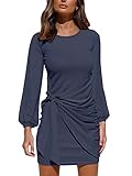 Women’s Fall Long Lantern Sleeve Ruched Side Short Dress Casual Crewneck Tummy Control Bodycon...