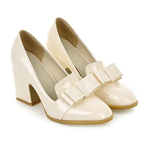 MIOKE Women's Fashion High Chunky Heel Pumps Square Toe Buckle Leather Slip-On Work Office Dress Shoes2