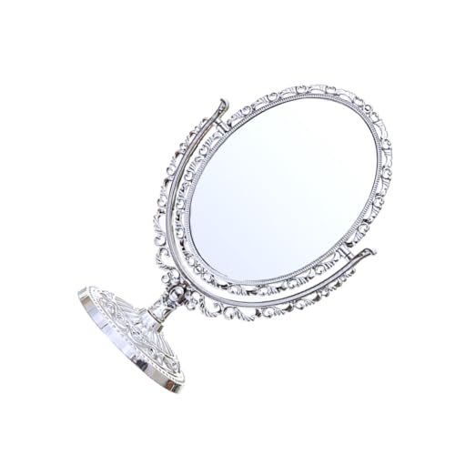 Ipetboom Double Sided Mirror Vintage Hand Mirror Silver Desk Mirror Vintage Cosmetic Makeup Vanity Mirror Oval Desktop Mirror Small Handheld Makeup Mirror Girl European Style