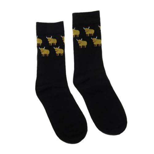 Cotton Black Socks One Size Mens Scottish Highland Cow High Crew Universal Gift