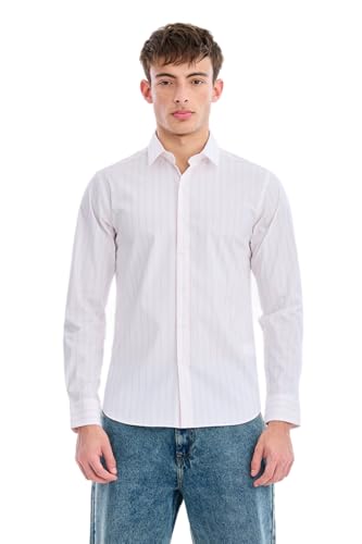 Image of SNITCH Men Semi-Formal Shirt | Modern Slim Fit Full Sleeve Point Collar Vertical Stripe Pattern | Cotton Blend Stretch Fabric for Office & Business Casual Wear