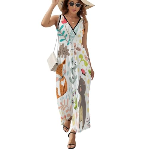 Robe longue d'été de plage sans manches col V imprimé animaux pour femme