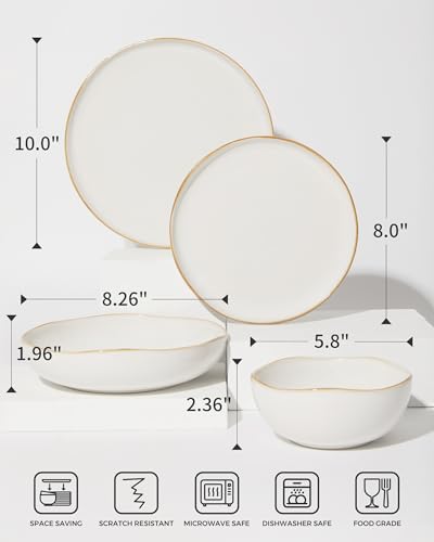 Image of 24 Pieces Dinnerware Set for 6 with Pasta Bowls, Complete Ceramic Dish Set, Stackable & Glossy Stoneware Plate and Bowl Set for Effortless Everyday Hosting, White